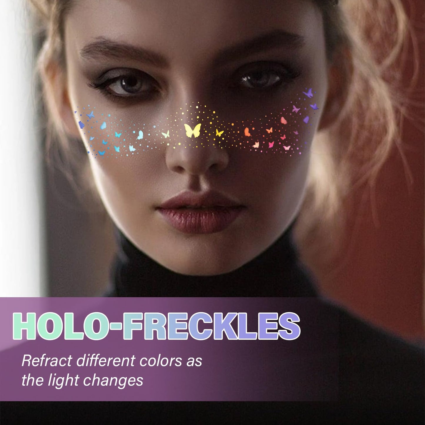 10 Pcs Holographic Multicolor Glitter Freckles, Glow Up Laser Silver Glitter Freckles Face Tattoo, Waterproof Face Sparkle Freckles, Long-lasting 48h Temporary Tattoos for Women