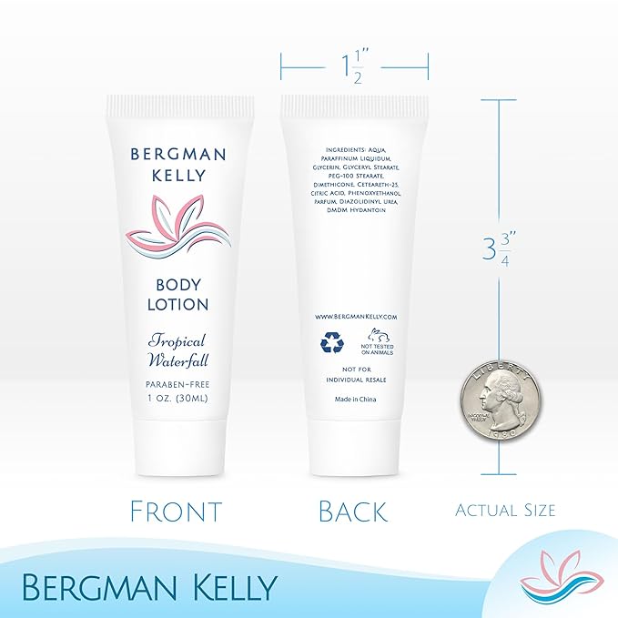 BERGMAN KELLY - Travel Size Lotion - 1 fl oz, 100 PK, Tropical Waterfall - Delight Your Guests w/Invigorating & Refreshing Body Lotion - Quality Mini & Small Size Guest Hotel Toiletries in Bulk