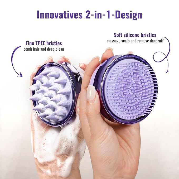 2 in 1 Scalp Massager Shampoo Brush with Soft Silicone Bristles for Hair Growth and Dandruff Removal, Hair Brush Head Massager Scalp Scrubber Exfoliator for Both Wet and Dry Use (Purple)