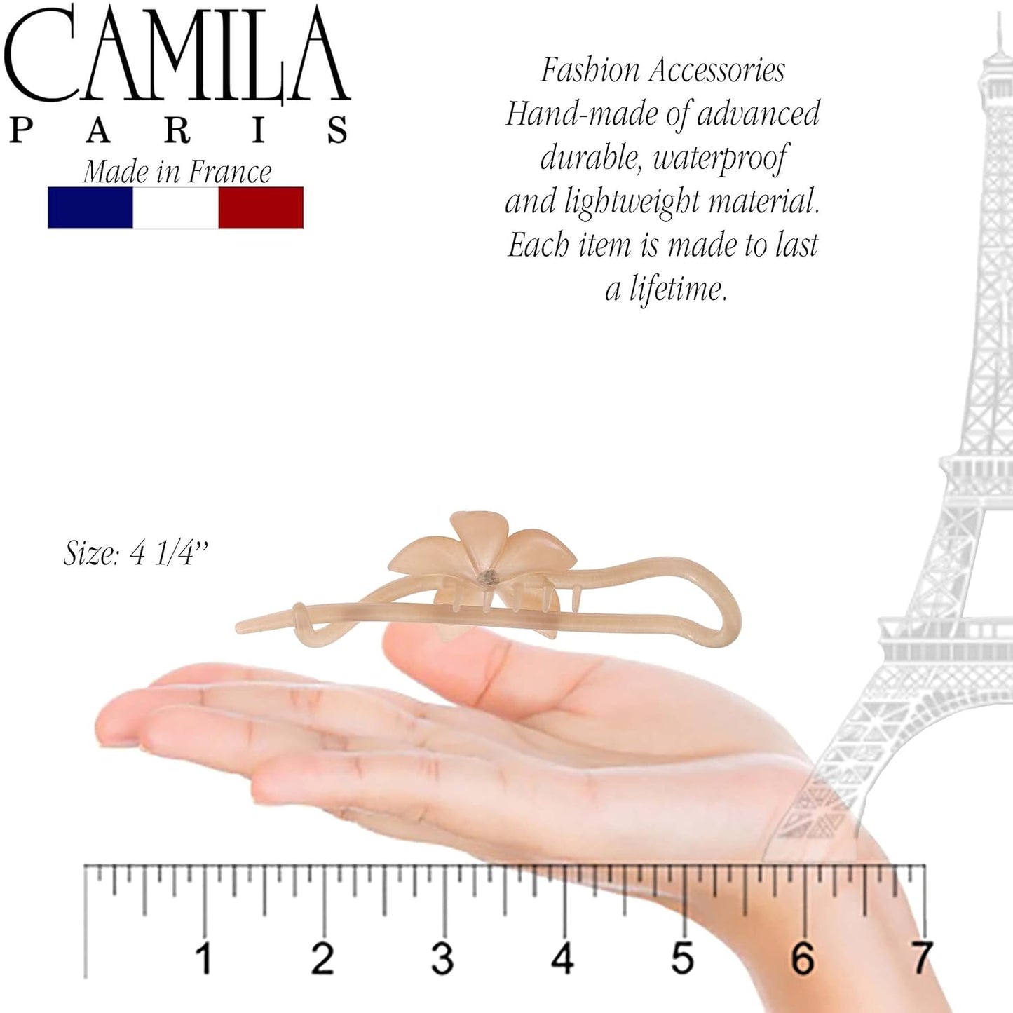 Camila Paris CP2411 French Hair Barrette Pin Clips for Girls, Flower, Beige, No Metal Parts, Strong Hold Grip Hair Clips for Women, No Slip and Durable Styling Girls Hair Accessories, Made in France