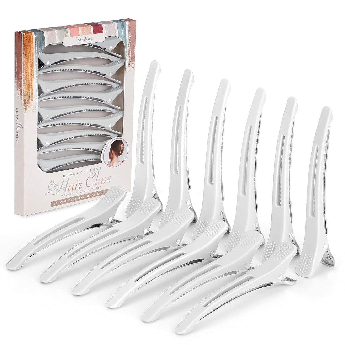 12PCS Hair Clips for Styling Sectioning - Non Slip No Crease Duck Billed Hair Clips for Women with Silicone Band - Professional 4.3 Inch Large Salon Hair Cutting Clips for Hairdresser - White