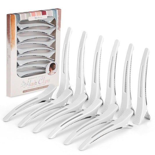 12PCS Hair Clips for Styling Sectioning - Non Slip No Crease Duck Billed Hair Clips for Women with Silicone Band - Professional 4.3 Inch Large Salon Hair Cutting Clips for Hairdresser - White