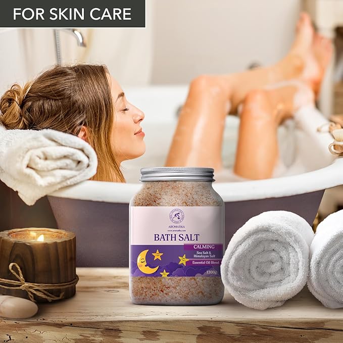 Calming Bath Salts 46 Oz - 1300g - w/Sandalwood & Lavender & Bergamot Essential Oils - Natural Bath Sea Salts 1.3 kg - Good Sleep - Relaxing - Body Care - Beauty - Aromatherapy