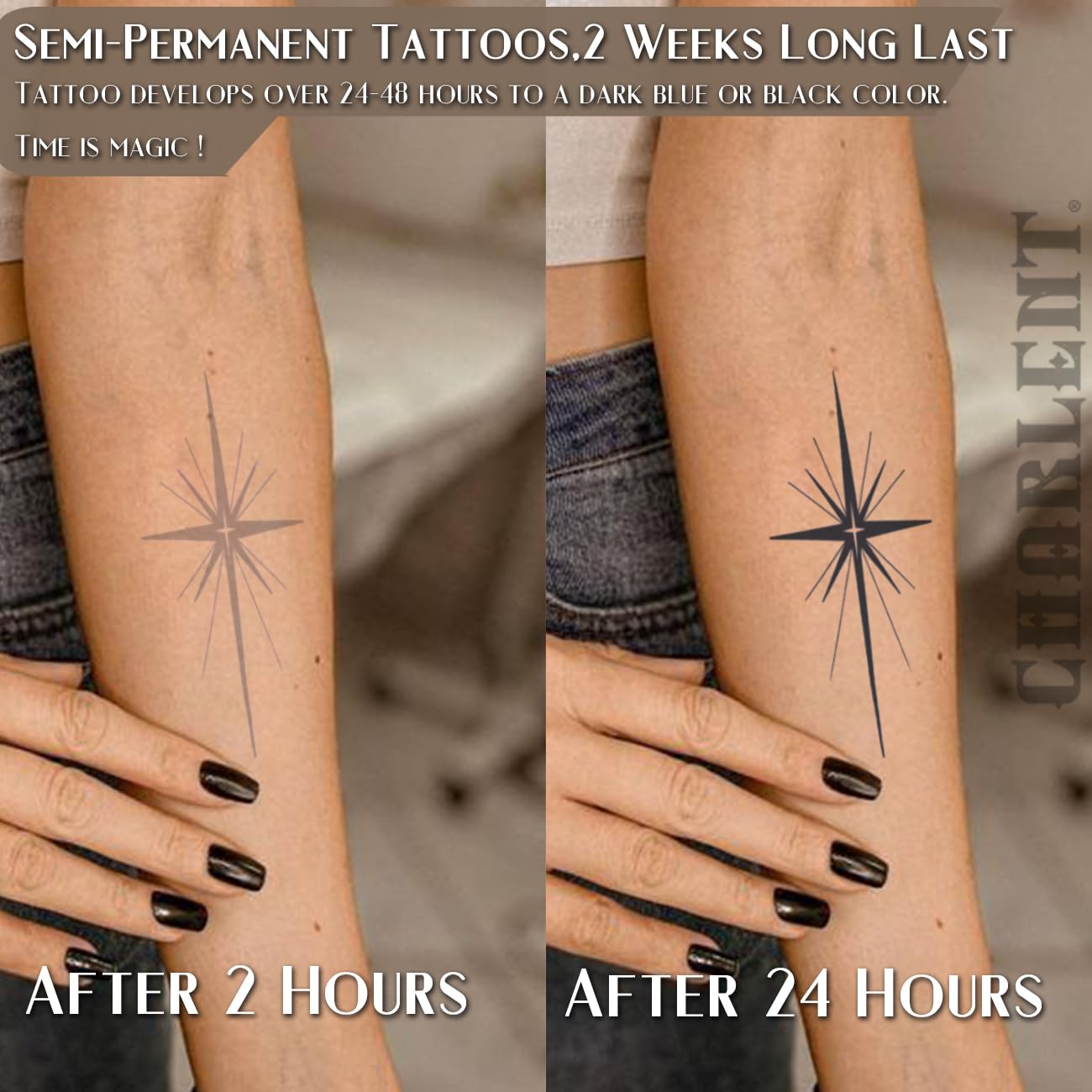 CHARLNET Semi-Permanent Tattoos - 2 Weeks Long Last Stars Tattoos for Women Men Face Neck Body/Fades Naturally/No Reflection/Waterproof