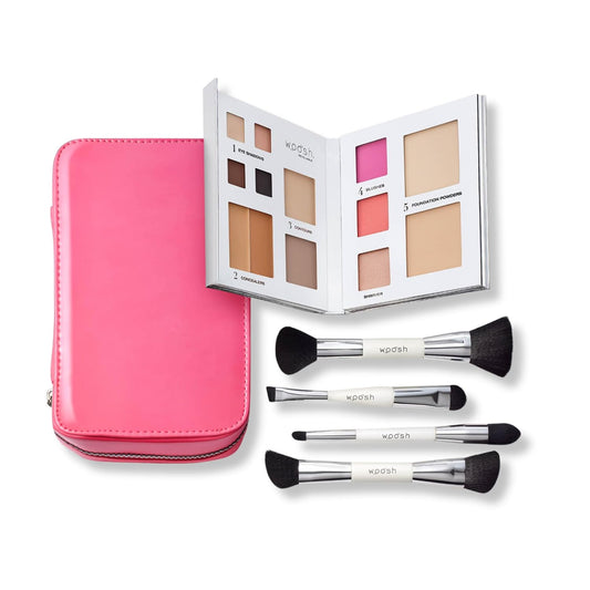 Woosh Beauty, Jetsetter Bundle in #2.5 Medium Tan, Fold out Face Original, Essential Brush Set, Travel Case in Hot Pink