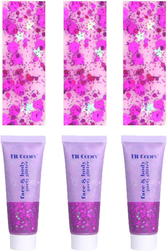 Face Body Glitter, Hair Glitter Sparkles Chunky Face Glitter Gel for Girls Makeup Singer Concerts Mermaid Festival Sequins Face Paint (3pc Rose)