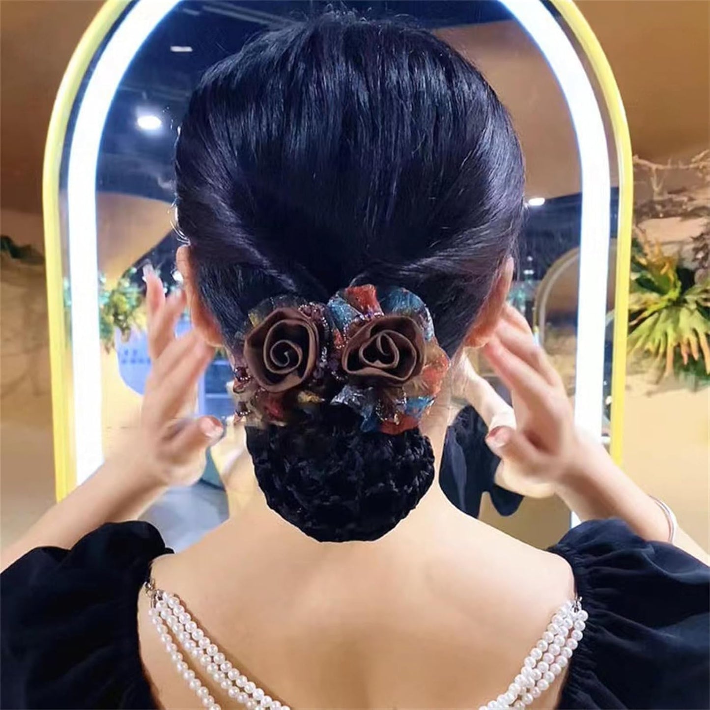 3 Pcs Flower Hair Bun Holder Covers for Women with Bowknot Hair Clips, Barrette Ribbon, and Snood Hairnet