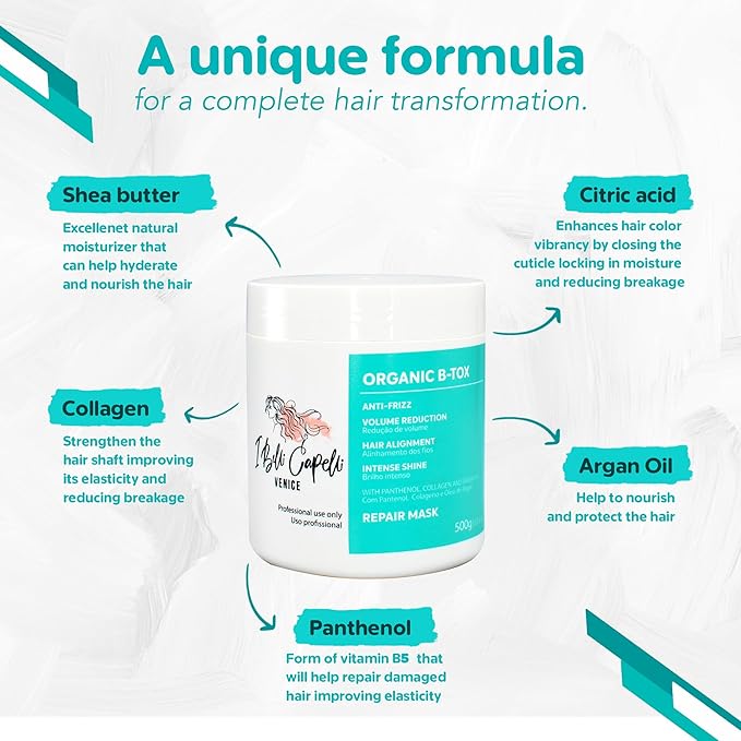 Venice B-tox Kit, Hair B-tox Treatment & Argan Oil Mask 250g - B-tox Capilar Para el Cabello, Formaldehyde-Free - Anti-Frizz, Smoothing, (1 B-tox+ 1 Mask)