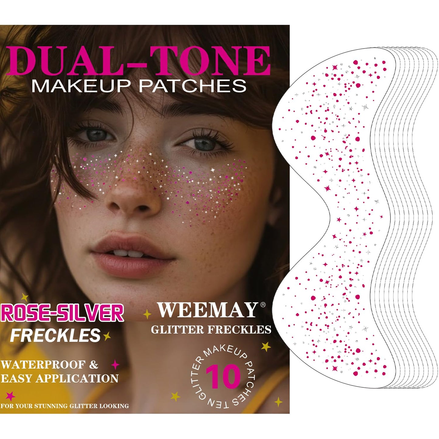 10 Pcs Rose-Silver Laser Glitter Freckles, Rose and Silver Glitter Freckles Face Tattoo, Waterproof Face Sparkle Freckles, Long-lasting 48h Freckles for Women