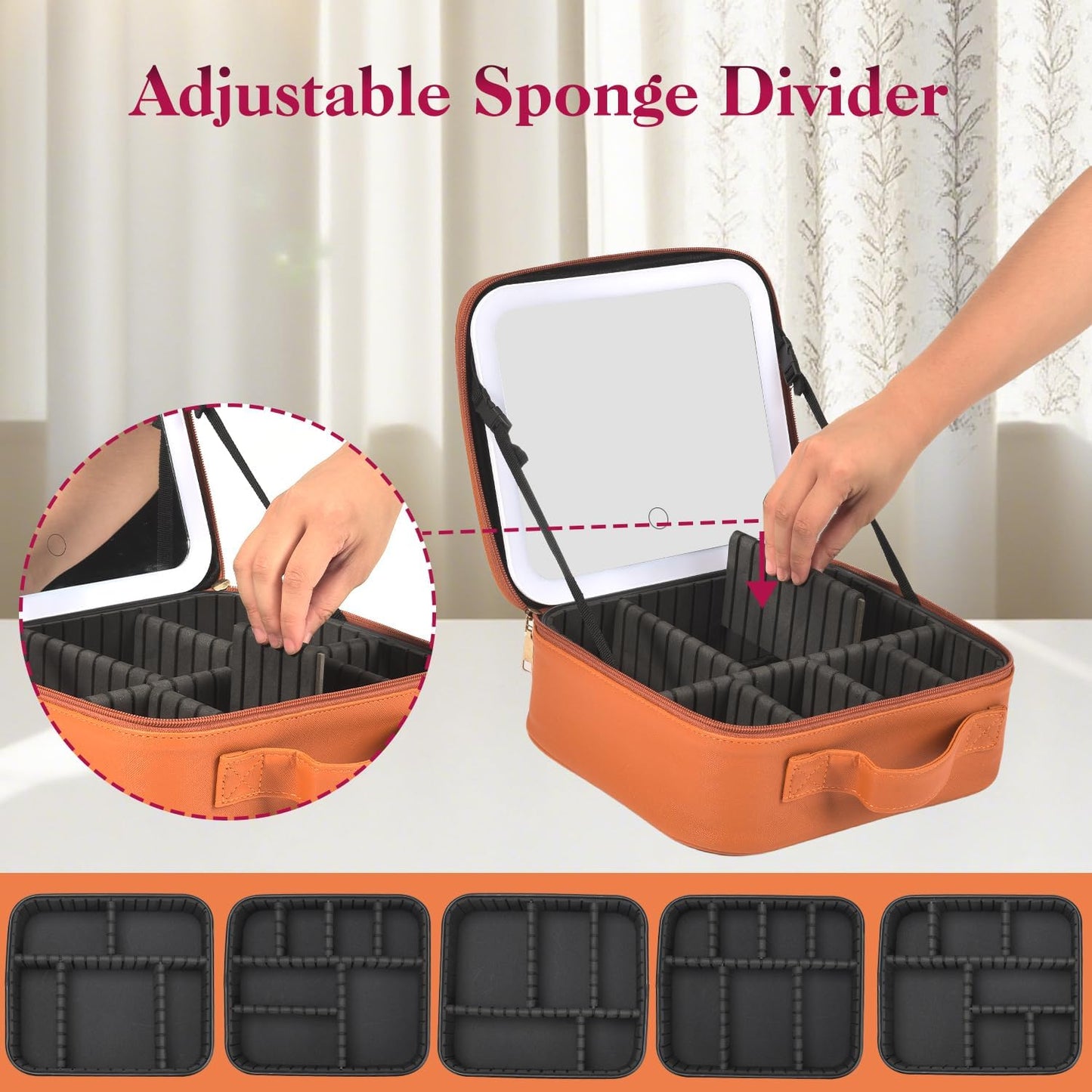 Travel Makeup Bag With LED Mirror,Cosmetic Train Case with 3 Color Setting,Cosmetic Makeup Organizer Bag with Adjustable Dividers,Portable Make up Box with Make up Brushes Holder Storage（Caramel）