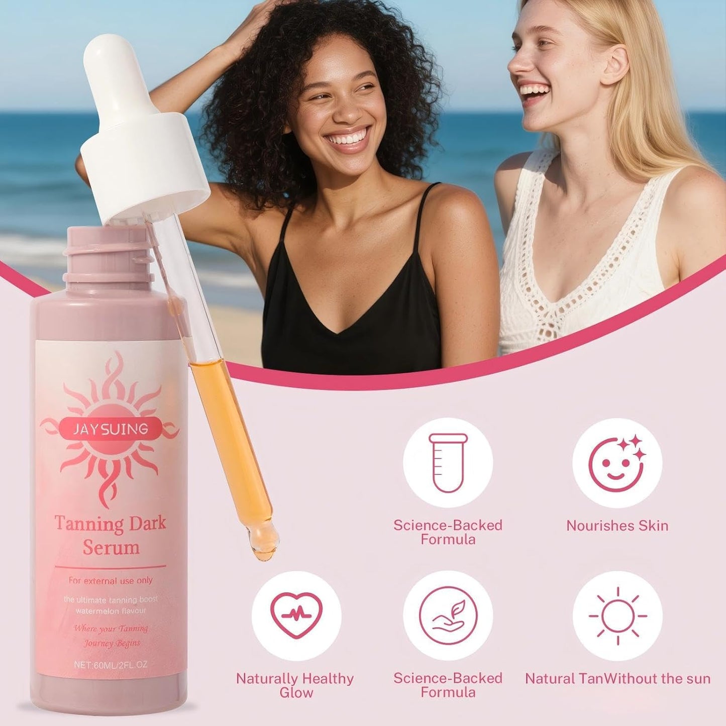 Earth Self Tanner -Get a Sun-Kissed Glow Instantly! Natural & Organic Ingredients, Tanning Dark Seryum - Watermelon Flavor, Ultra-Hydrating & Streak-Free, Natural-Looking Tan, for Face & Body 60ML