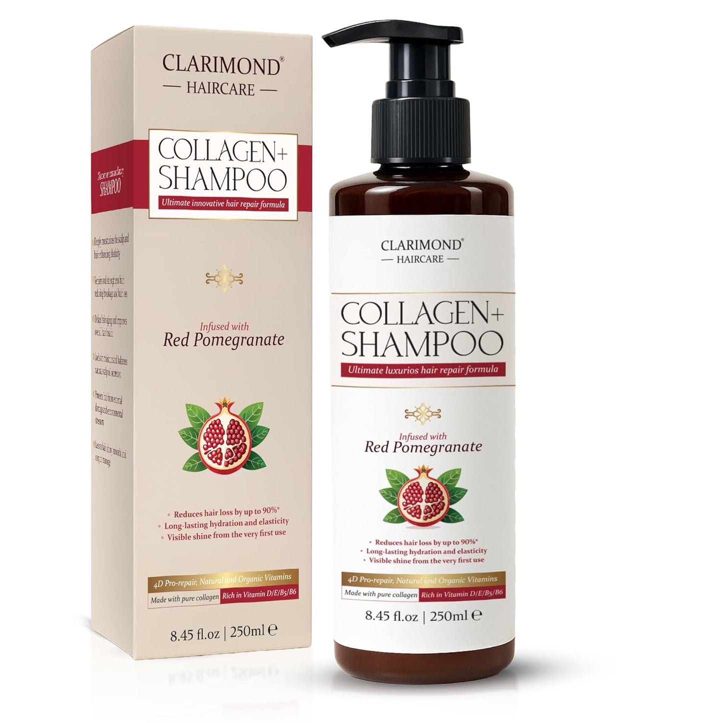 CLARIMOND Collagen Booster Hair Loss Treatment | Vitamin E Growth Shampoo | Hair Growth Vitamins for Curly, Thick, or Fine Hair | UV Protection | Hydrating & Strengthening | Paraben & Sulfate Free