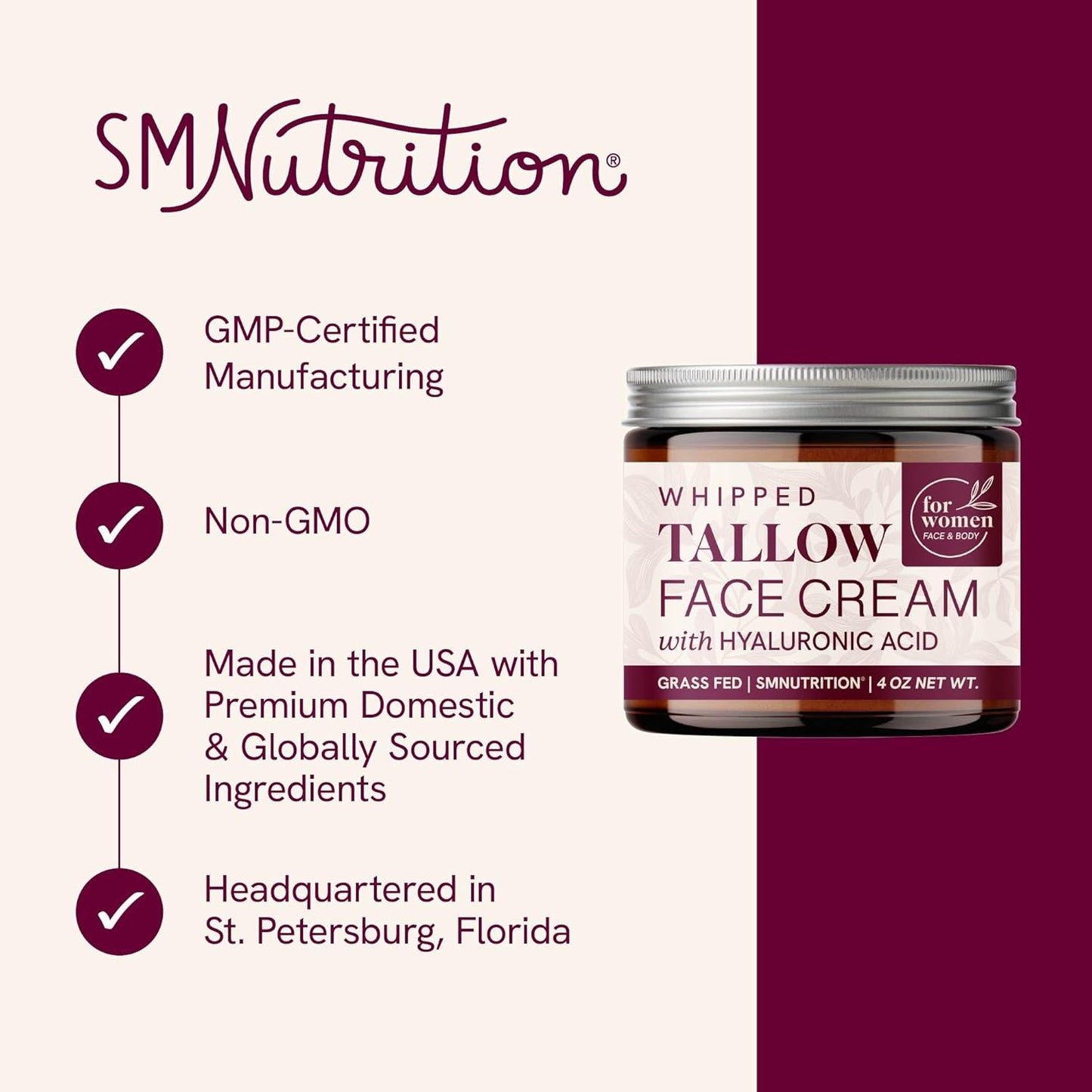 Beef Tallow Face Moisturizer for Women | With Hyaluronic Acid | Hydrating Whipped Beef Tallow for Skin Care for Women | With Jojoba & Sweet Almond Oil | Paraben & Cruelty-Free, Non-GMO | 4 oz