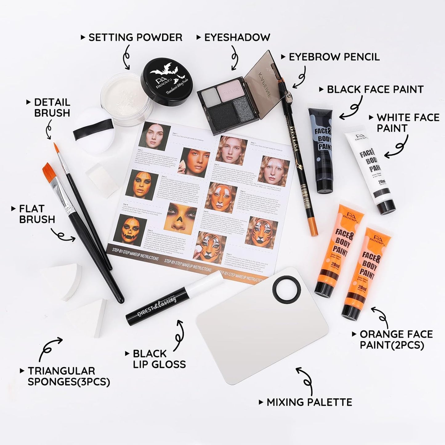 Halloween for Pumpkin Tiger Makeup Kit, Complete Halloween SFX Costume Makeup Set for Pumpkin &Tiger Cosplay ,Black White Orange Water-Based Face Paint Kit with Black Lip Gloss