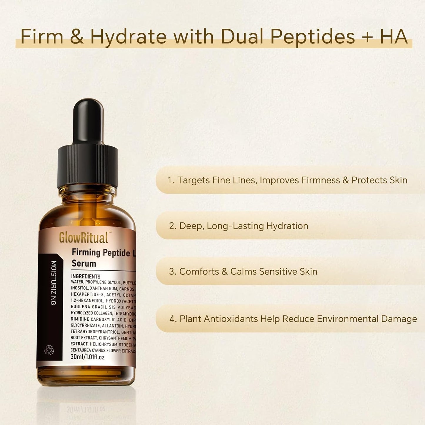 GlowRitual Firming Peptide Lifting Serum — Hydrating, Anti-Aging Face Serum; Multi-Peptides & Natural Ingredients, Boosts Elasticity & Radiance, Smooths the Look of Fine Lines, Most Skin Types