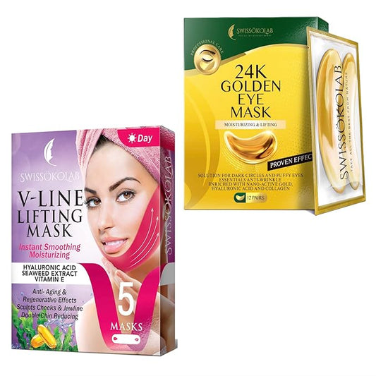 SWISSÖKOLAB Double Chin Reducer V Line Lifting Mask + Under Eye Patches For Puffy Eyes 24k Gold Eye Mask For Dark Circles