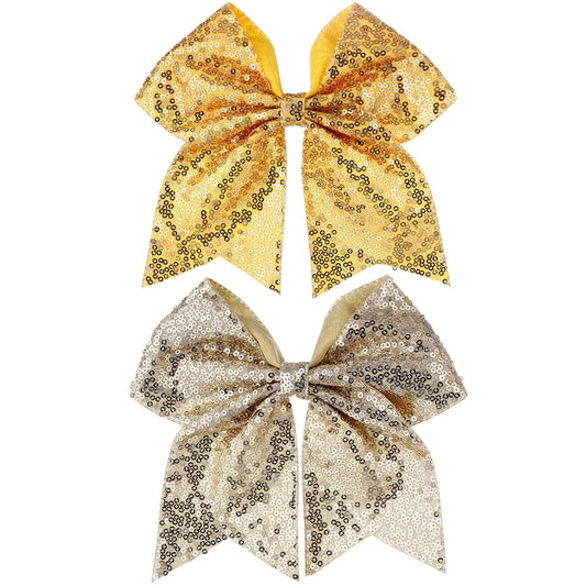 Large Big 7 Inch Glitter Bow Clip Sequin Bling Party Hair Accessories for Women Teens Girls Kids 2 Pcs (Yellow, Gold)