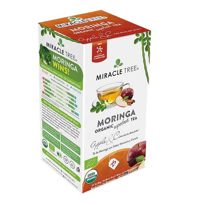 Miracle Tree - 6 Count of Organic Moringa Superfood Tea, 25 Individually Sealed Tea Bags, Apple & Cinnamon (Keto, Detox, Energy/Immunity Booster, Vegan, Gluten-Free, Organic, Non-GMO, Caffeine-Free)