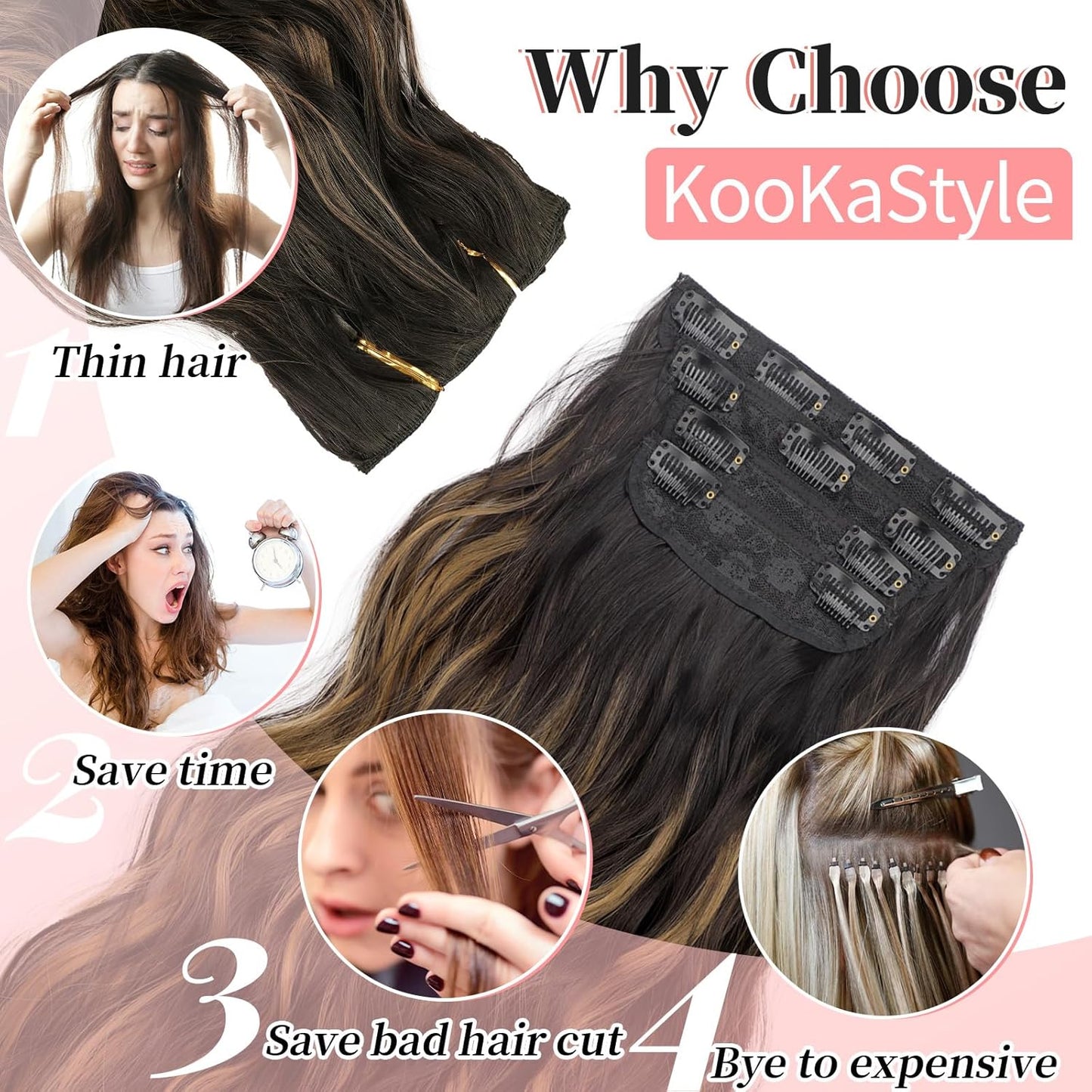 KooKaStyle Clip in Synthetic Hair Extensions Long Wavy 4PCS Black&Dark mix light brown Fiber Double Weft Natural Hair Extensions 20 Inch for Women