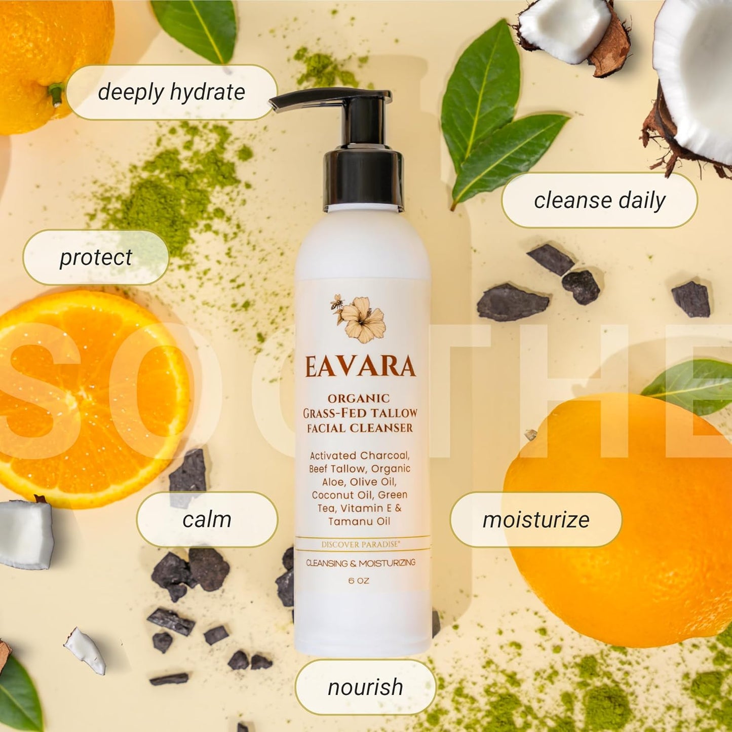 Beef Tallow Face Wash – Natural and Hydrating with Activated Charcoal, Aloe, Hyaluronic Acid, and Green Tea – Facial Cleanser with Grass Fed Beef Tallow – Face Wash for Women and Men – 6oz Pump