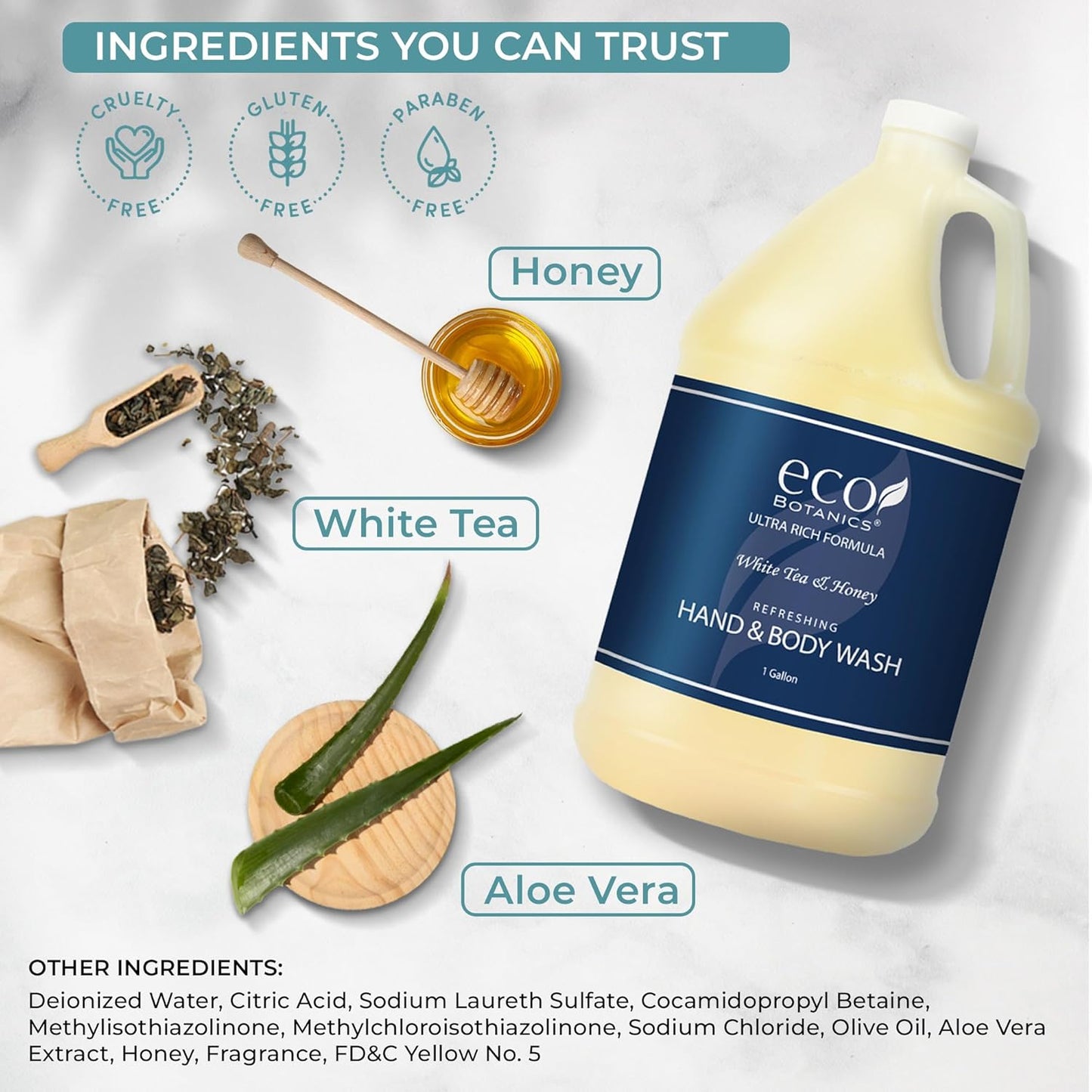 1-Shoppe Terra Pure Eco Botanics Natural Hand & Body Wash with Raw Honey & White Tea | Gallon Jug Bulk Toiletries for Airbnb, Vacation Rentals, and Home Bathroom| Refill For Soap Dispensers | Set Of 4