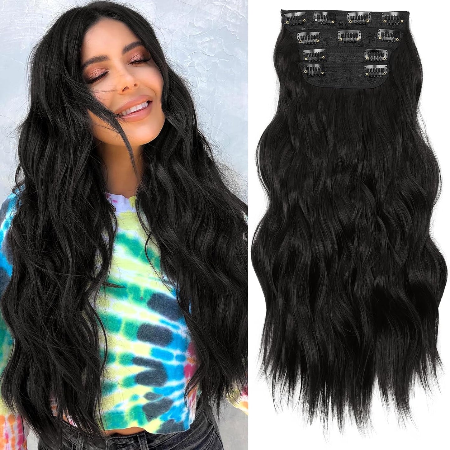 KooKaStyle Clip in Synthetic Hair Extensions Long Wavy 4PCS Thick Hairpieces Brunette Brown Fiber Double Weft Natural Hair Extensions 20 Inch for Women