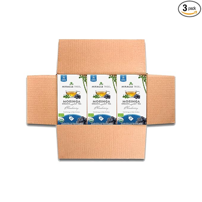 Miracle Tree - 3 Count of Organic Moringa Superfood Tea, 25 Individually Sealed Tea Bags, Blueberry (Keto, Detox, Energy/Immunity Booster, Vegan, Gluten-Free, Organic, Non-GMO, Caffeine-Free)