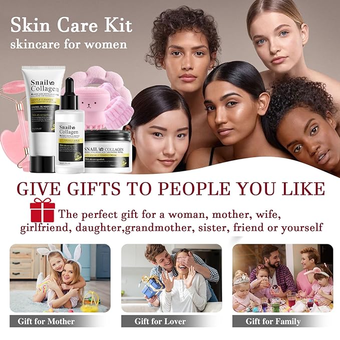 All About Snail Mucin Kit - Anti Aging Skin Care Set for Women - Hydrating Skin Care Routine Kit for Women with Cleanser ,Snail Mucin Moisturizer,Serum for Face,Jade Roller,Headband for All Skin Types