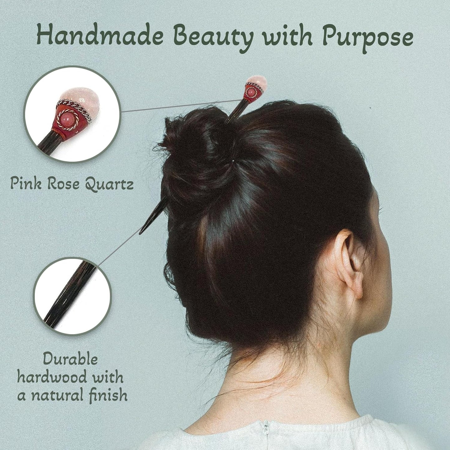 Mia Jewel Shop - Natural Tumbled Healing Gemstone Crystal Chonta Wooden Hair Sticks – Handmade Hair Sticks for Women | Hair Pins Boho Reiki Accessories, Fashion Gifts (Pink Rose Quartz)