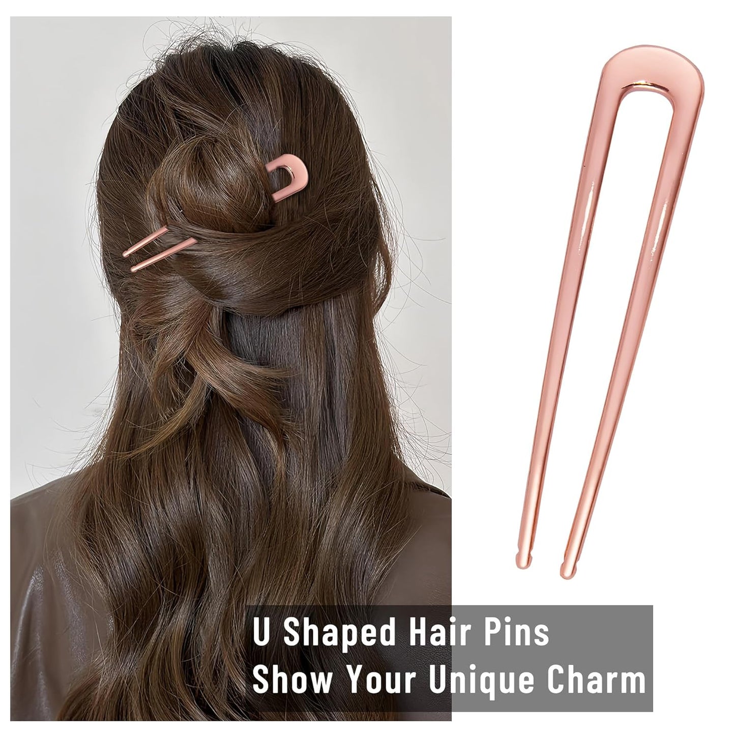 6Pcs Metal French Hair Pins for Women U Shape Sticks 3.9 Inch Vintage Fork for Hairstyle Accessories(Rosegold)