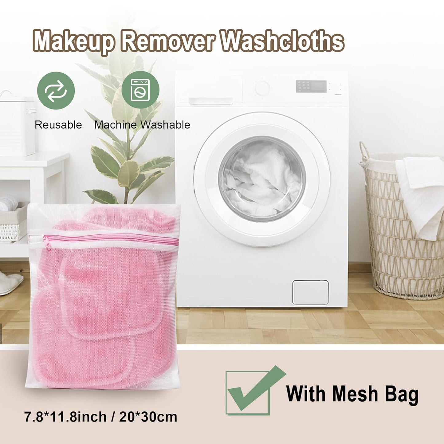 KODAMO Makeup Remover Cloth, Reusable Makeup Remover Pads Washable Travel Bag, Microfiber Makeup Removal Face Wash Cloths with Just Water, Gentle Soft,12 Pack, Pink