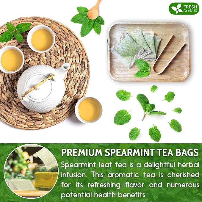 FreshDrinkUS, Premium 45 Spearmint Tea Bags, 100% Natural Spearmint Leaves. Loose Leaf Spearmint Herbal Tea. Spearmint Leaf Tea. No Sugar, No Caffeine, No Gluten, Vegan.