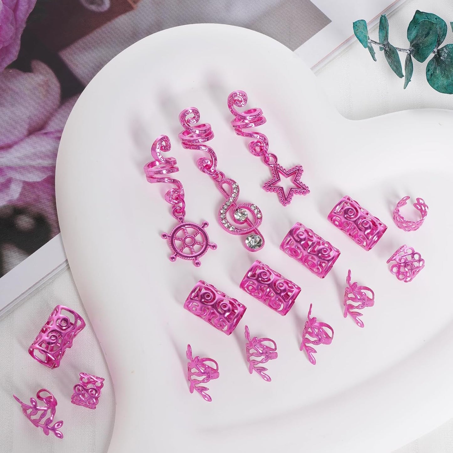 40Pcs hoyuwak Natural Colored Crystal Stone Hair Accessories - Metal Charms, Spirals, Cuffs, Rings for Braids, Locs, Dreadlocks, Rave Festival Hairstyle Decoration