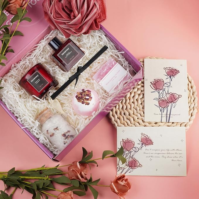 Homemory Gift Women Christmas Bath Sets Body Self Care, Best Spa Birthday Valentine's Day Basket Scented Candle & Reed Diffuser Kit Mom Friends Sister With Rose Card (Red)