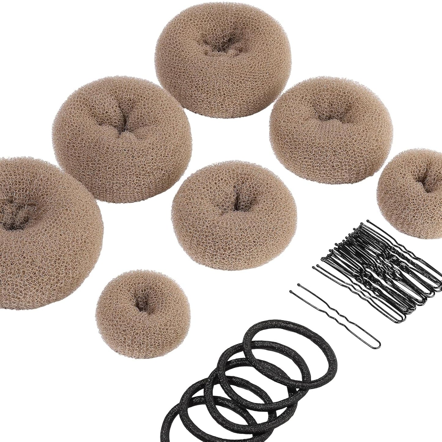 Teenitor Donut Hair Bun Maker 7 Pieces, Bun Maker Set with Hair Bun Makers (1 extra-large, 2 large, 2 medium and 2 small), 5 pieces Hair Elastic Bands, 20 pieces Hair Pins, Tan Color