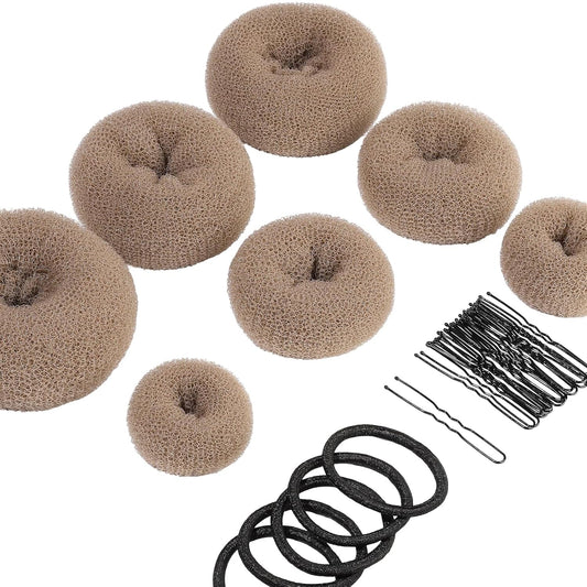 Teenitor Donut Hair Bun Maker 7 Pieces, Bun Maker Set with Hair Bun Makers (1 extra-large, 2 large, 2 medium and 2 small), 5 pieces Hair Elastic Bands, 20 pieces Hair Pins, Tan Color