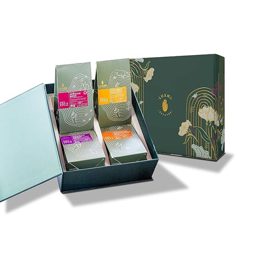 Luxmi Estates - Tea Set - All Day Wellness - 4 Packs with Valerian, Ashwagandha, Turmeric Ginger and Hibiscus Rose Tea - Great Gift Set for Adults