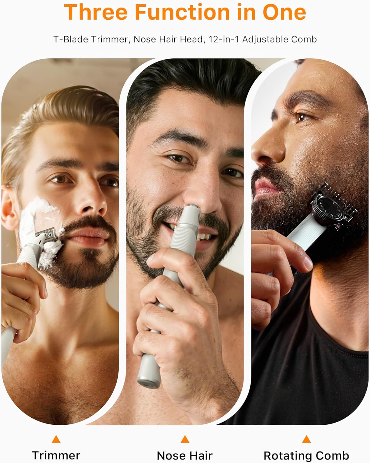 New Electric Beard & Nose Hair Trimmer Kit - Painless Razor with 12 in 1 Rotating Comb, Magnetic Nose Hair Head, Waterproof Wet/Dry, Groin/Ball Shaver for Men, USB-C Fast Charging,White(Pack)