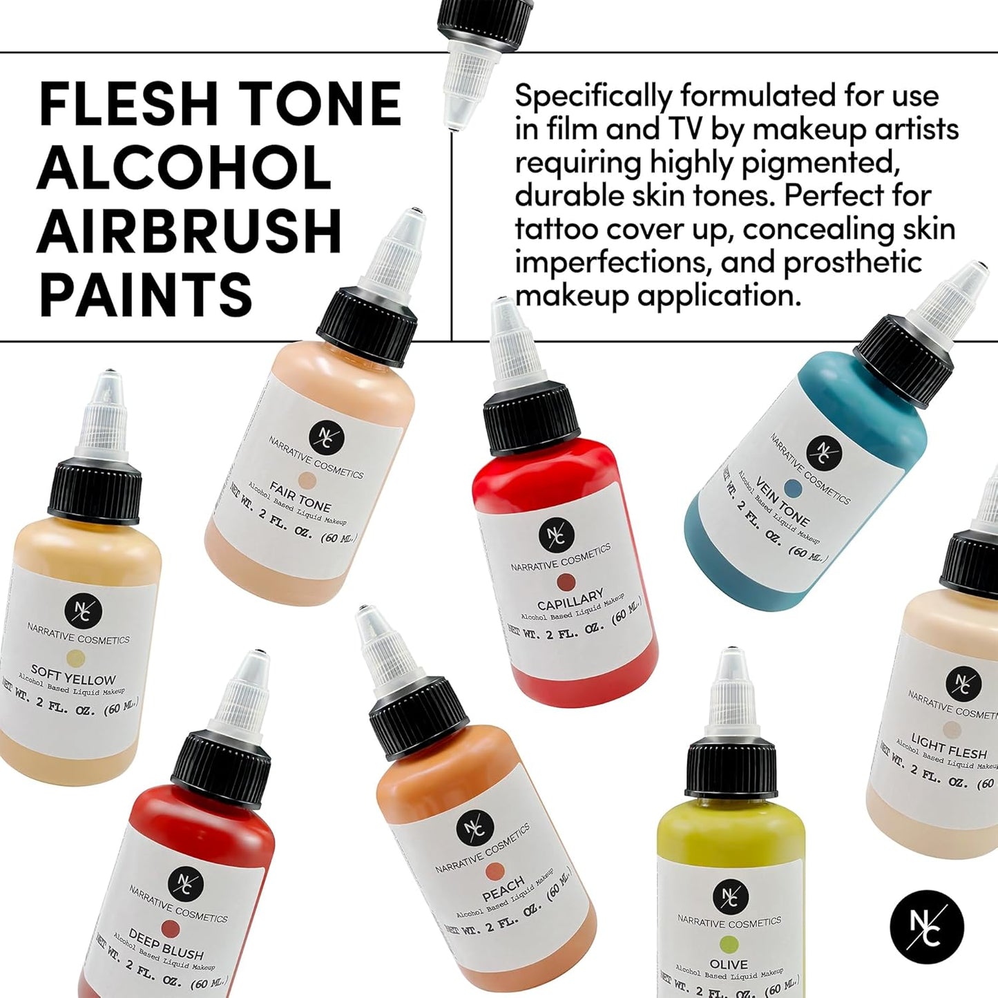 Narrative Cosmetics Flesh Tone Alcohol Airbrush Paints - 2 fl oz, Skin Safe, Quick Dry, Waterproof, Sweatproof, Transferproof Liquid Makeup for Tattoo Cover-Up, Bodypainting, FX Makeup - Capillary