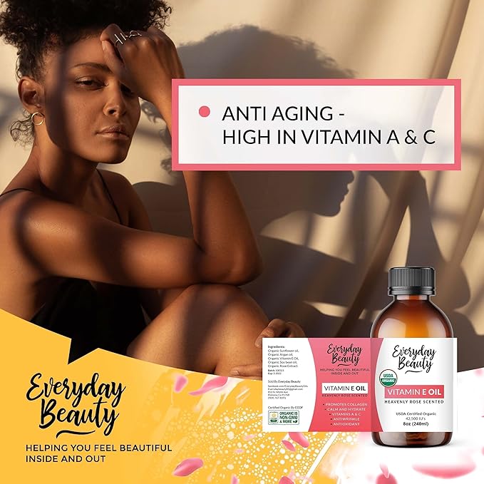 Organic Vitamin E Oil - Heavenly Rose Scented USDA Certified 100% All Natural Plant Based 8oz - Light and Rose Scented Great for Scars After Surgery - For Face, Skin and Nails