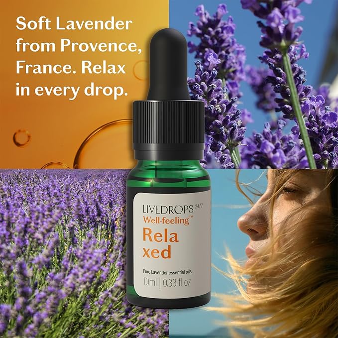 LIVEDROPS 24/7 Relaxed Lavender Essential Oil. Crafted in France. Pure & Natural Aromatherapy for Calm - Diffuser Compatible or Dilute in Carrier Oil for The Skin