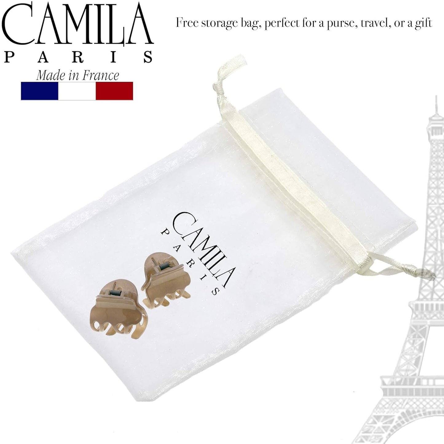 Camila Paris CP3086 French Hair Clip for Women, Set of 2 Small Beige Girls Hair Claw Clips Fashion Durable Hair Accessories for Women, Luxury Ladies Strong Hold No Slip Grip Clamp, Made in France