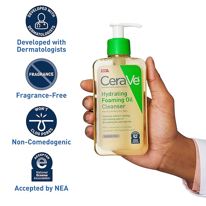 CeraVe Hydrating Foaming Oil Cleanser, Moisturizing Cleanser for Face & Body, Squalane Oil + Hyaluronic Acid + Ceramides, For Dry to Very Dry Skin, Fragrance Free & Residue Free, 8 FL Oz