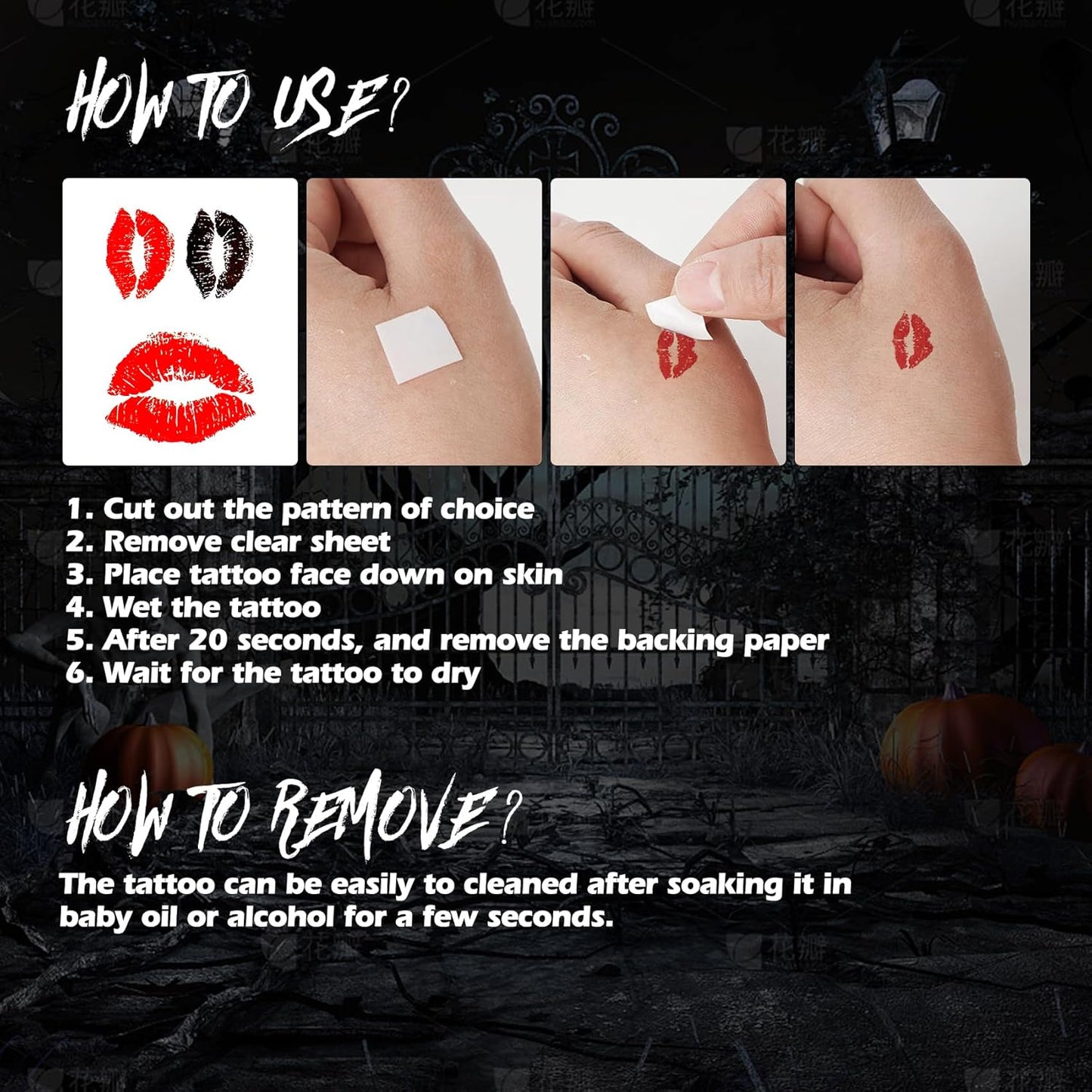 Kiss Tattoos Temporary Halloween Red Bleeding Stitch Scary Prank Makeup for Kids Girls Adult Women Face Body Halloween Decorations-40 Sheets