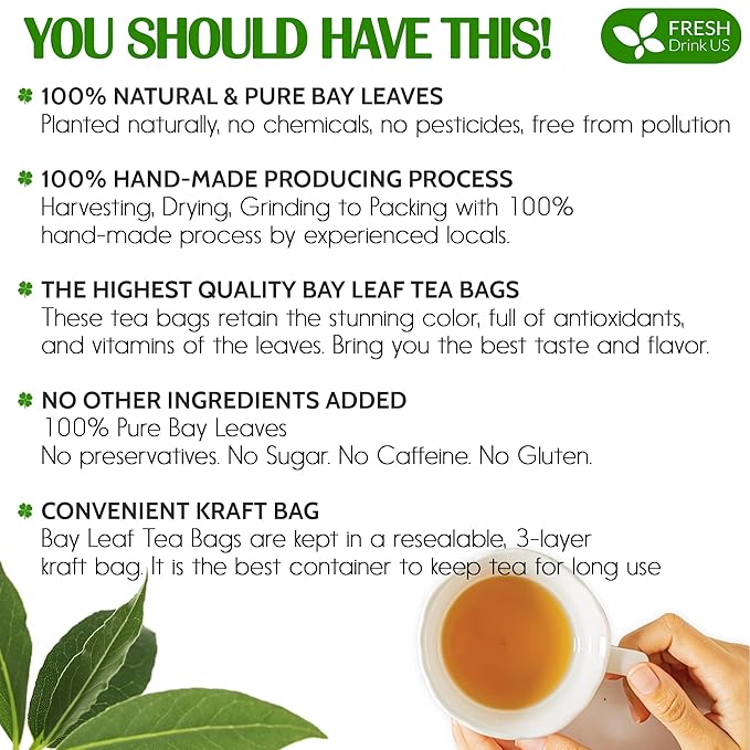 FreshDrinkUS, Premium 40 Bay Leaf Tea Bags, 100% Natural & Pure from Bay Leaves. Loose Leaf Bay Herbal Tea. Made with Natural Material Tea Bags, No Sugar, No Caffeine, No Gluten, Vegan.