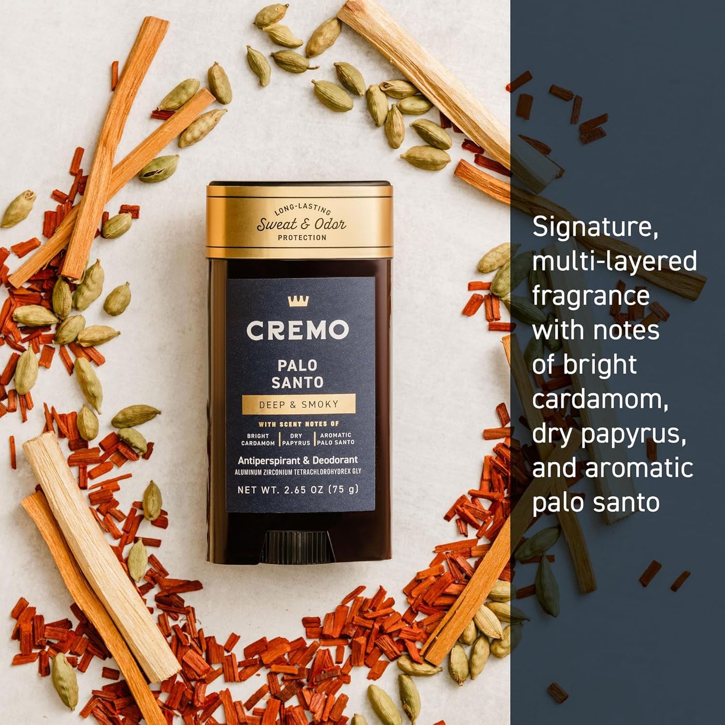 Cremo Palo Santo Antiperspirant & Deodorant for Men, 48-hour Sweat and Odor Protection, 2.65oz