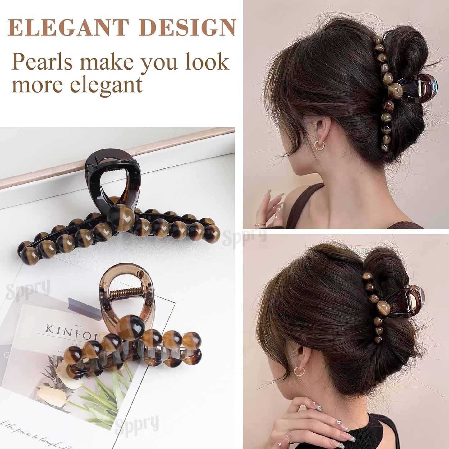 Elegant Pearl Hair Claw Clips for Women Thin Hair, Set of 3, Brown & Black (Medium 3 Inch)