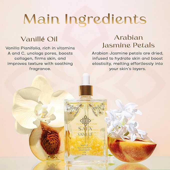 SAFA Vanillé Oil - Organic Oil for Face, Body, Hair, Nails & Aromatherapy | Vanilla Extract & Jasmine Petals - Essential Oil for Diffusers | After Shower Body Oil | Skin Moisturiser (4 Fl Oz)