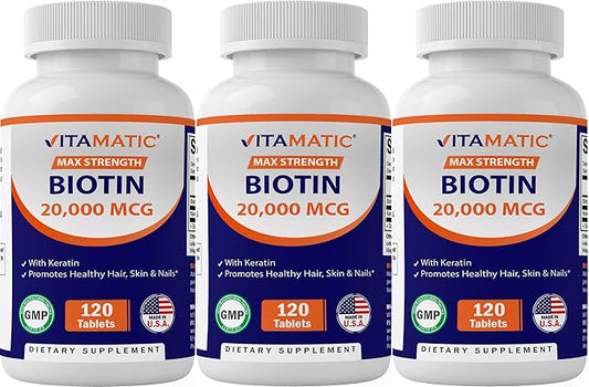 Vitamatic High Potency Biotin 20000 mcg (20mg) with Keratin 100mg - 120 Vegetarian Tablets - Biotin Supplements for Healthy Hair Skin & Nails for Adults (120 Count (Pack of 3))