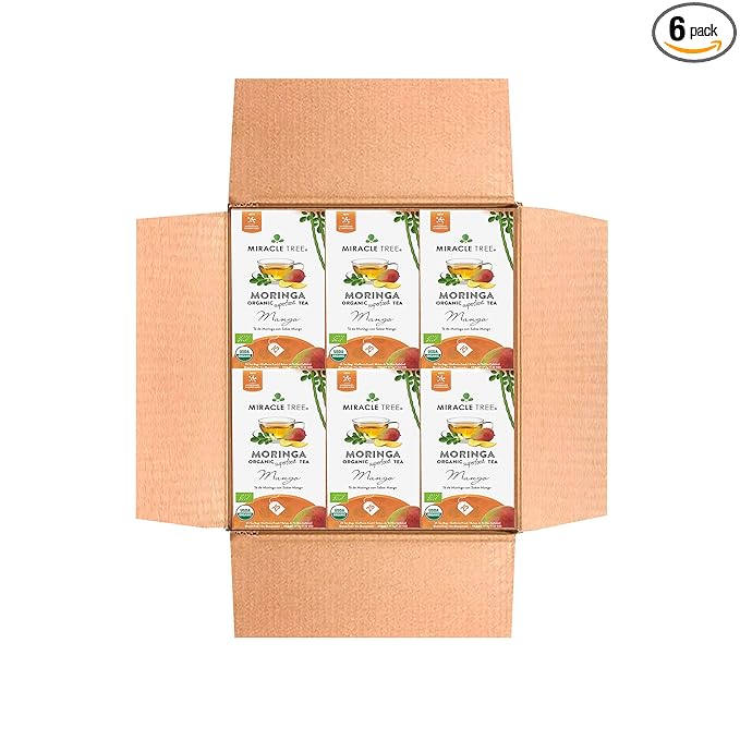 Miracle Tree - 6 Count of Organic Moringa Superfood Tea, 25 Individually Sealed Tea Bags, Mango (Keto, Detox, Energy/Immunity Booster, Vegan, Gluten-Free, Organic, Non-GMO, Caffeine-Free)